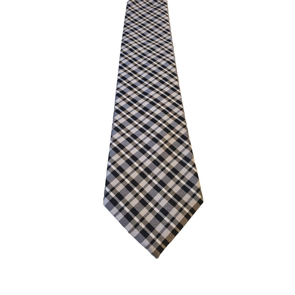 Chaps Men's Necktie Tie Silk Hand Made Black White Checkered Plaid Designer Work
